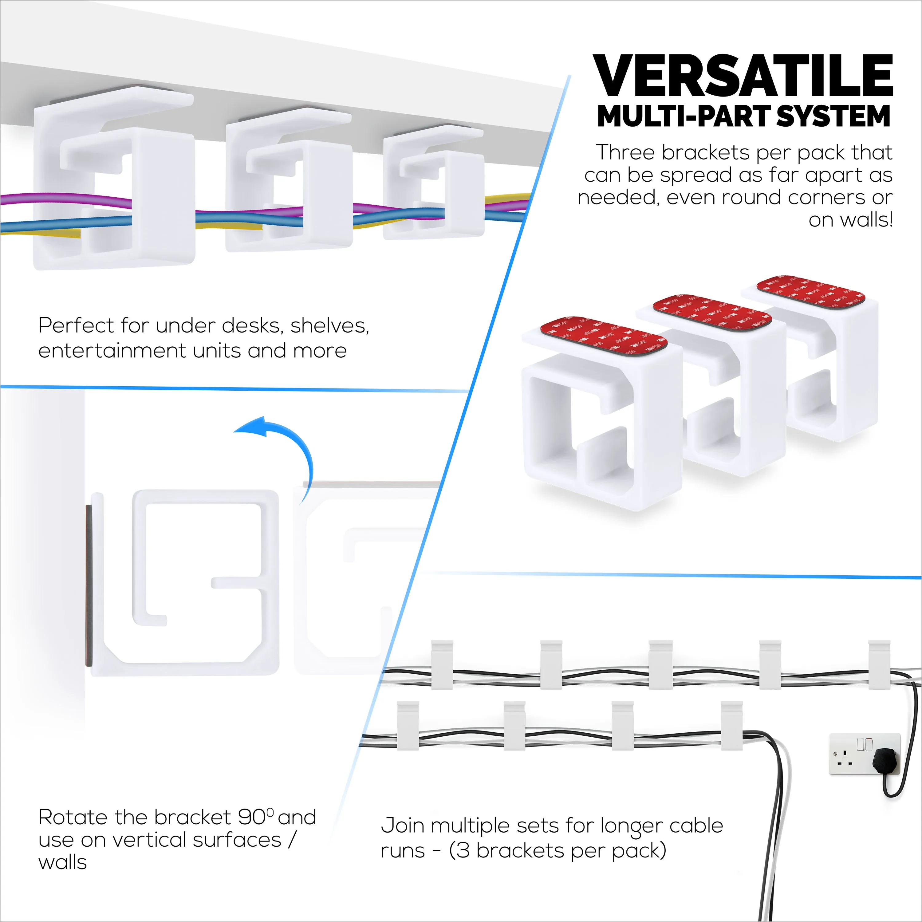 3pc VHB Cable Organizer Holder, For Heavy Cables, PC Cords & Wires with Strong Adhesive, Under Desk Mount Management System - Large