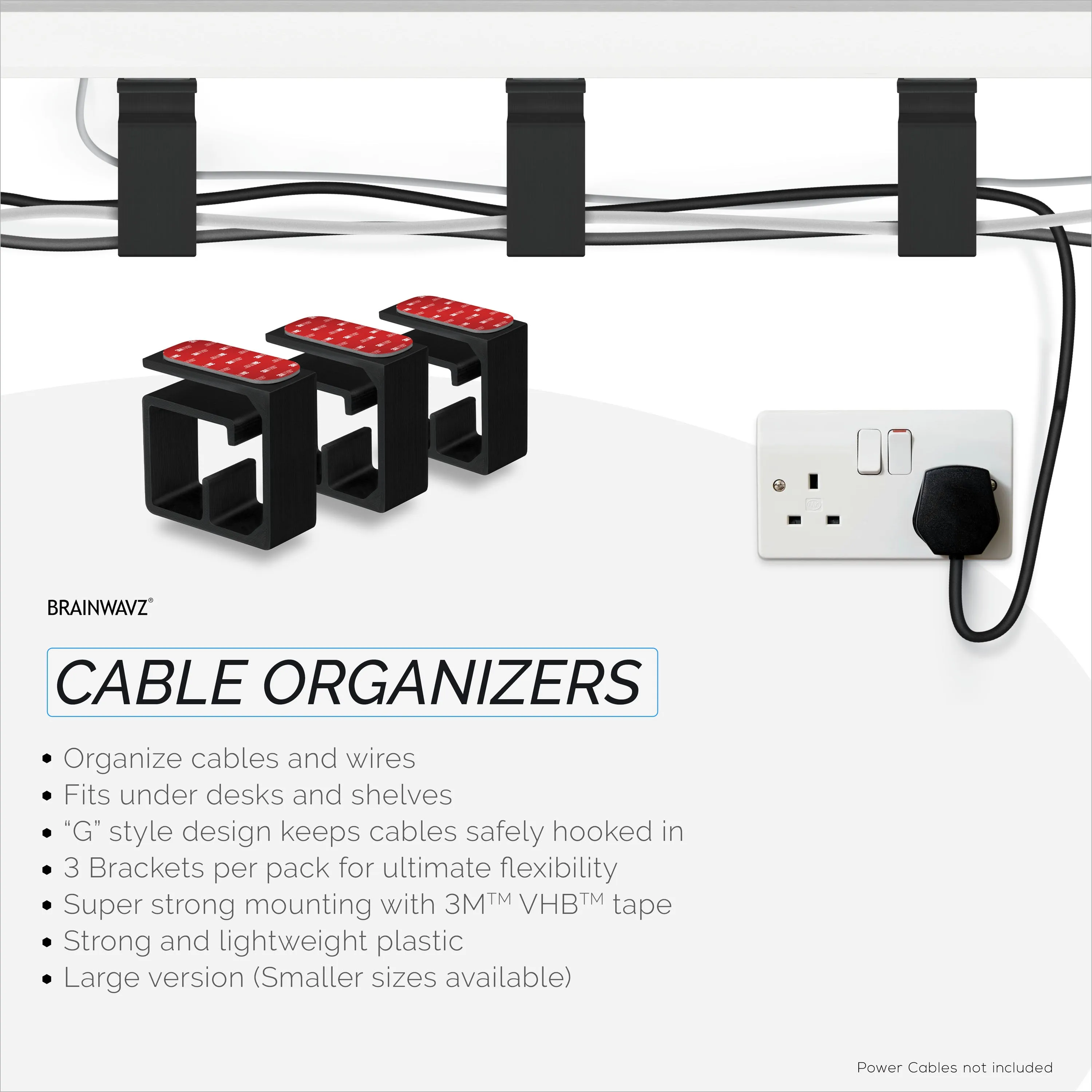 3pc VHB Cable Organizer Holder, For Heavy Cables, PC Cords & Wires with Strong Adhesive, Under Desk Mount Management System - Large