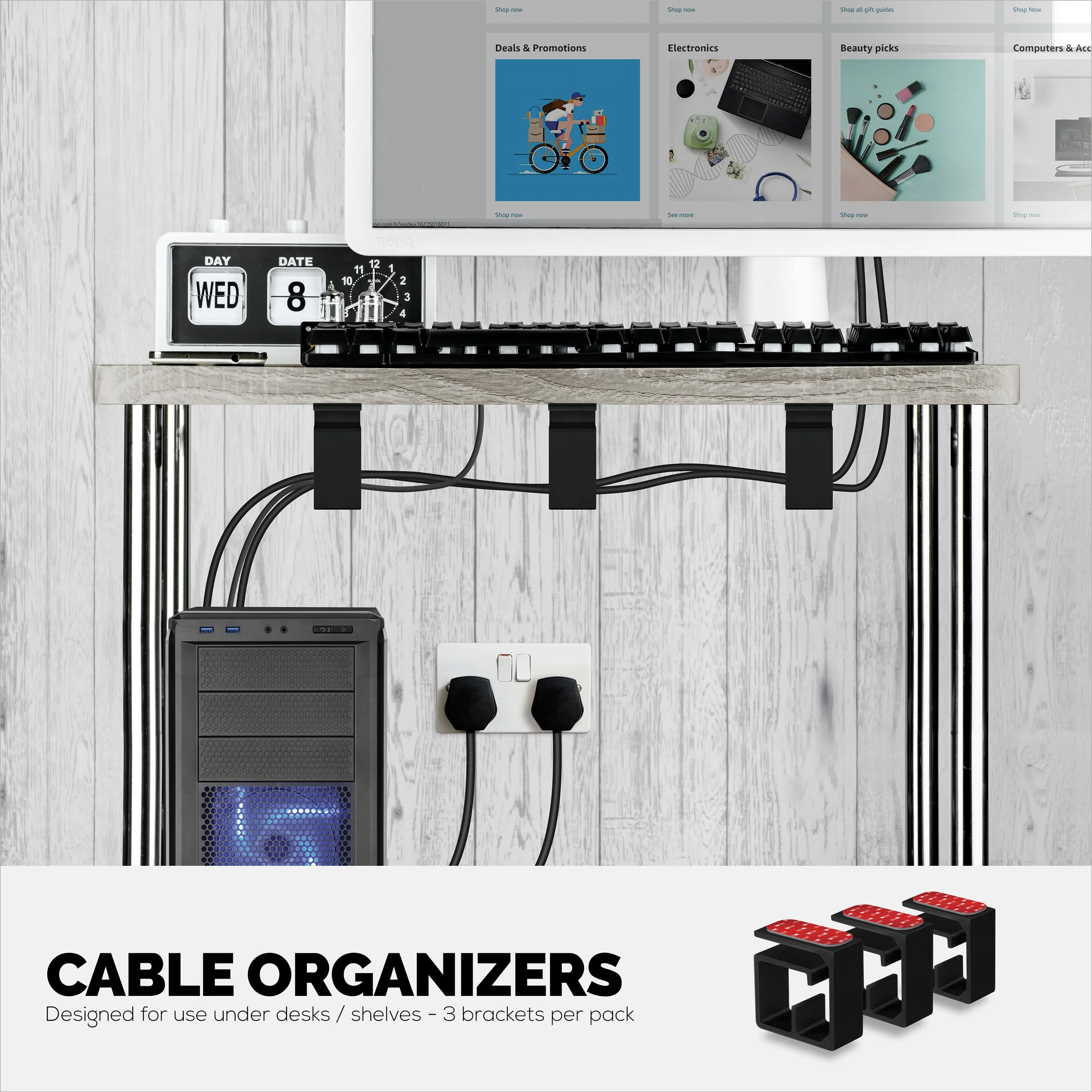 3pc VHB Cable Organizer Holder, For Heavy Cables, PC Cords & Wires with Strong Adhesive, Under Desk Mount Management System - Large