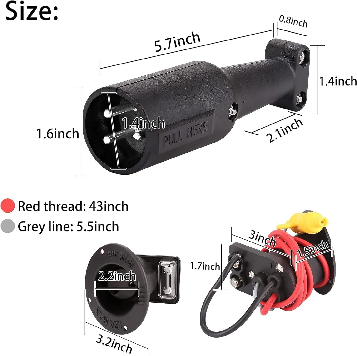 48V DC Golf Cart Charger Plug and Socket 3-Prong for Club Car DS & Powerdrive - 10L0L