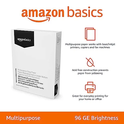 Amazon Basics Multipurpose Copy Printer Paper, 20 Pound, White, 96 Brightness, 8.5 x 11 Inch, 1 Ream , 500 Sheets Total