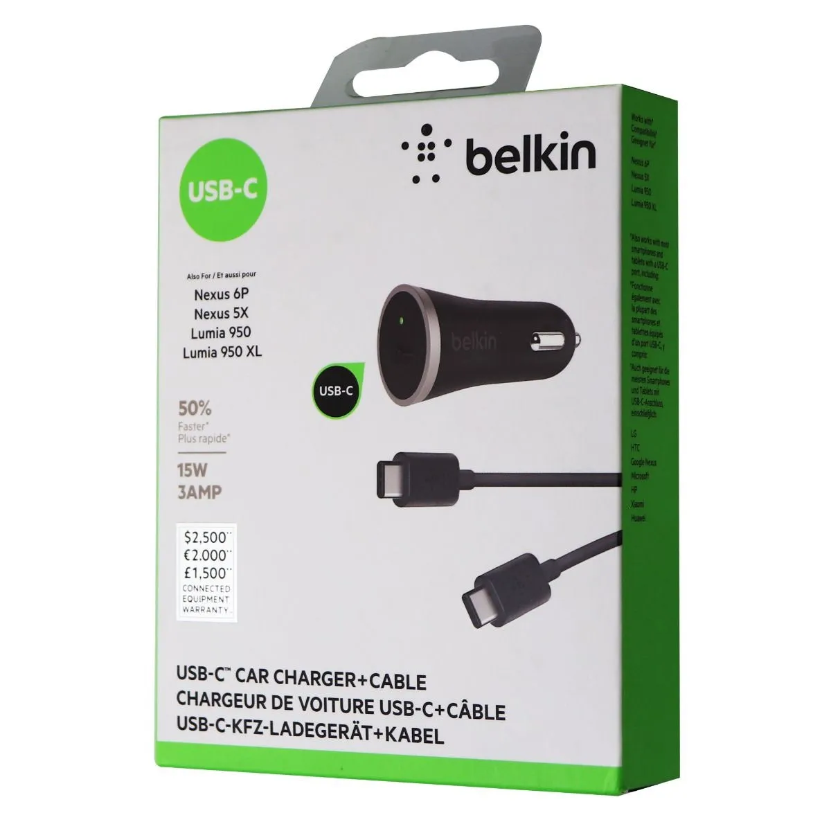 Belkin USB-C Car Charger with 4-Foot USB-C to USB-C Cable (3Amp/15Watt) - Black