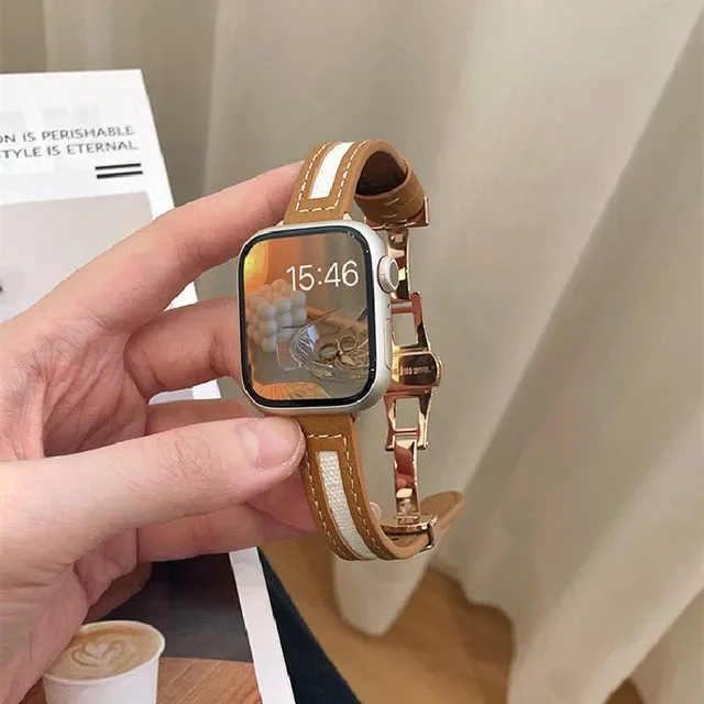 Butterfly Buckle Canvas Leather Strap For Apple Watch 8 7 6 SE 5 4 3 Small Slim Watchband 38mm 40mm 42 44 45 49 41mm For iwatch