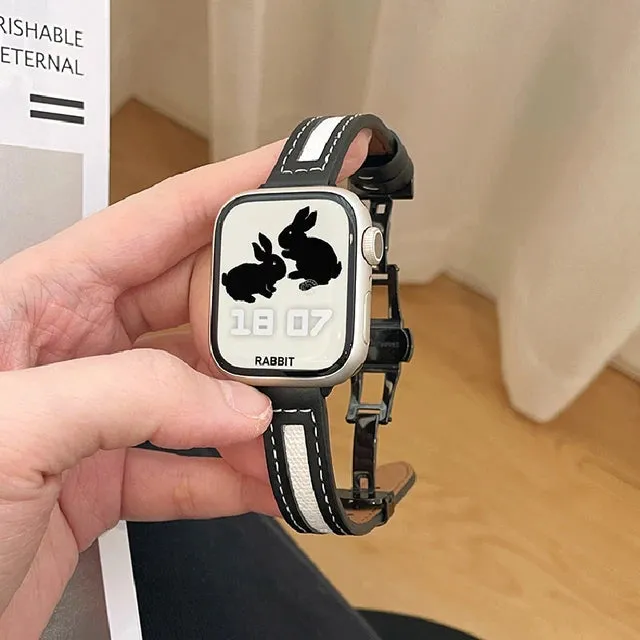 Butterfly Buckle Canvas Leather Strap For Apple Watch 8 7 6 SE 5 4 3 Small Slim Watchband 38mm 40mm 42 44 45 49 41mm For iwatch