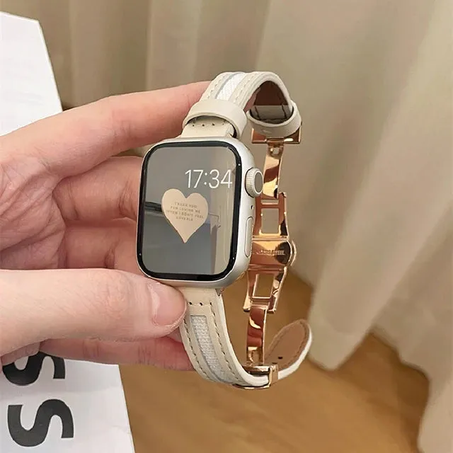 Butterfly Buckle Canvas Leather Strap For Apple Watch 8 7 6 SE 5 4 3 Small Slim Watchband 38mm 40mm 42 44 45 49 41mm For iwatch