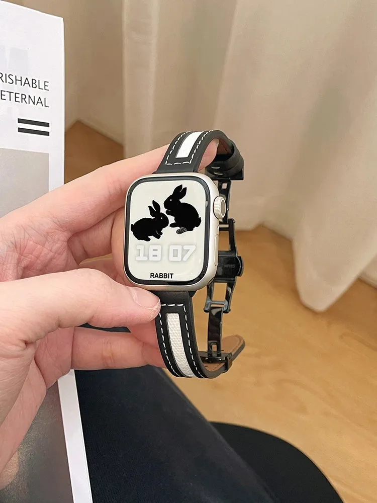 Butterfly Buckle Canvas Leather Strap For Apple Watch 8 7 6 SE 5 4 3 Small Slim Watchband 38mm 40mm 42 44 45 49 41mm For iwatch