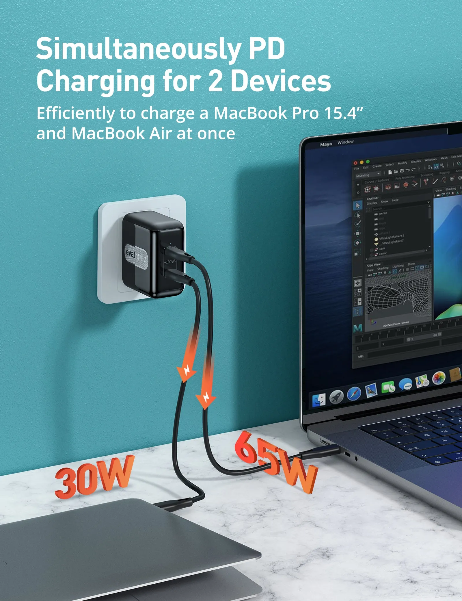 Evatronic ET-PC007 100W 2 USB-C Ports PD PPS Wall Charging Adapter