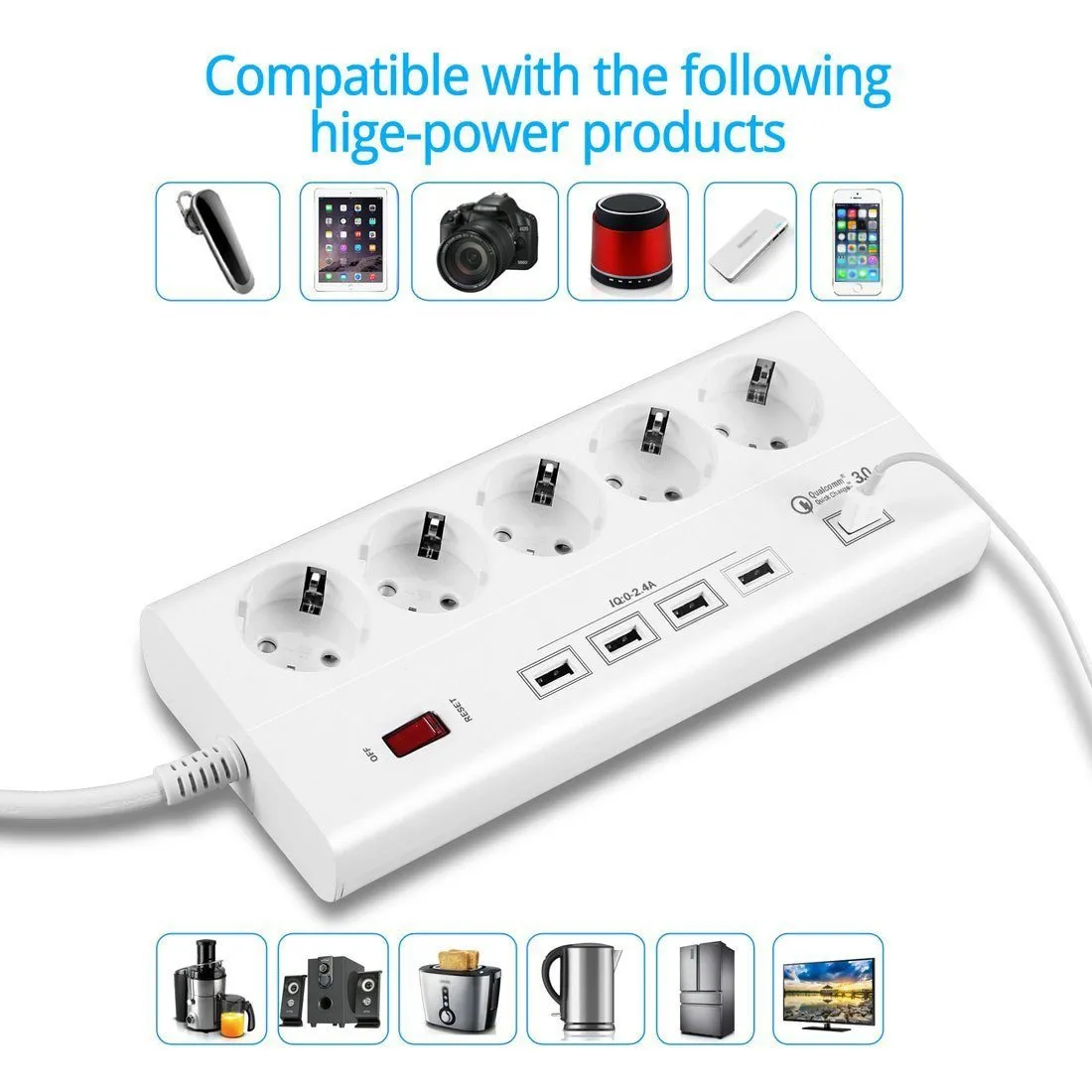 Power Strip 5 EU Outlets Plug Socket with USB QC 3.0 Quick Charge Port for PC Smartphones Tablets Computer 1.8m Extension Cord