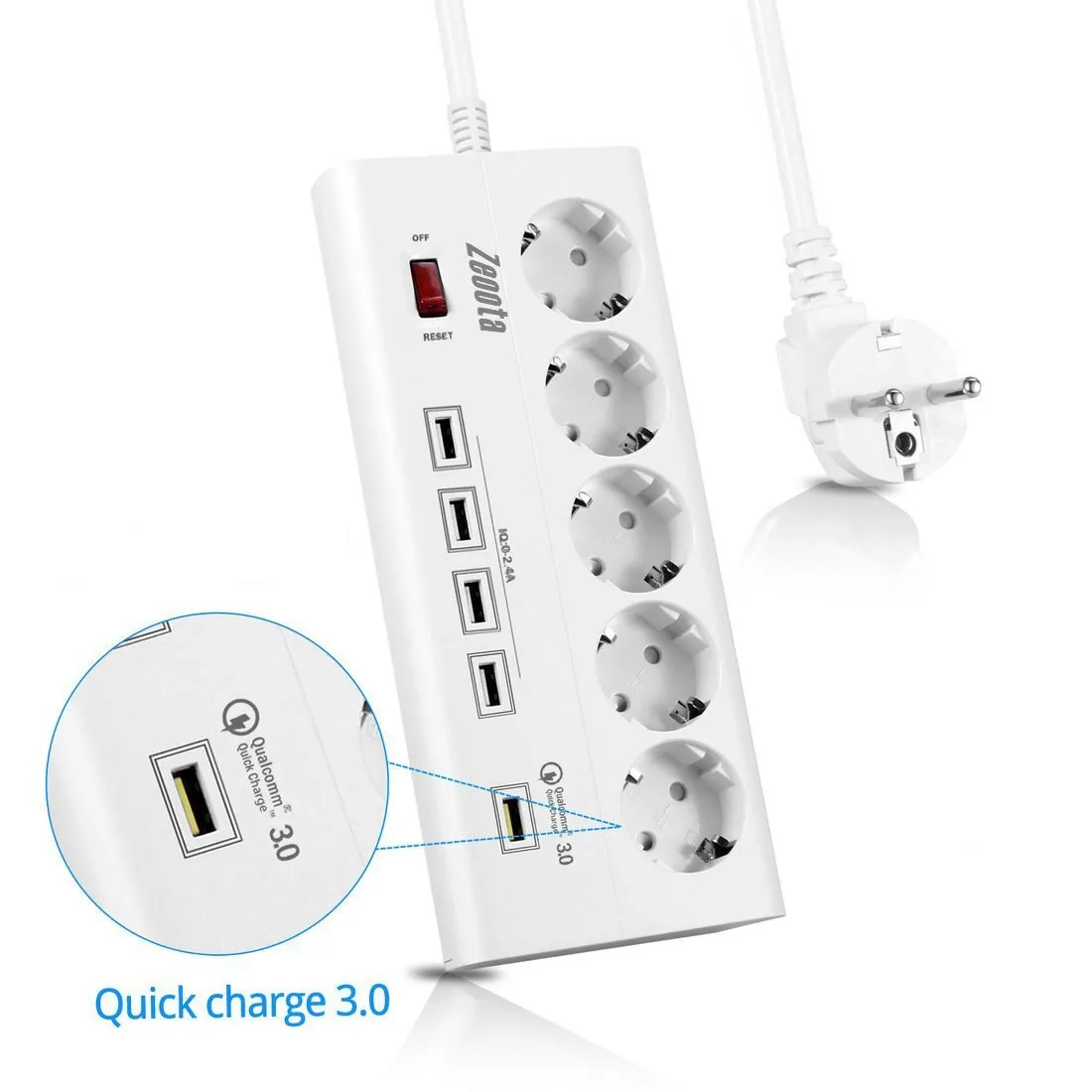 Power Strip 5 EU Outlets Plug Socket with USB QC 3.0 Quick Charge Port for PC Smartphones Tablets Computer 1.8m Extension Cord