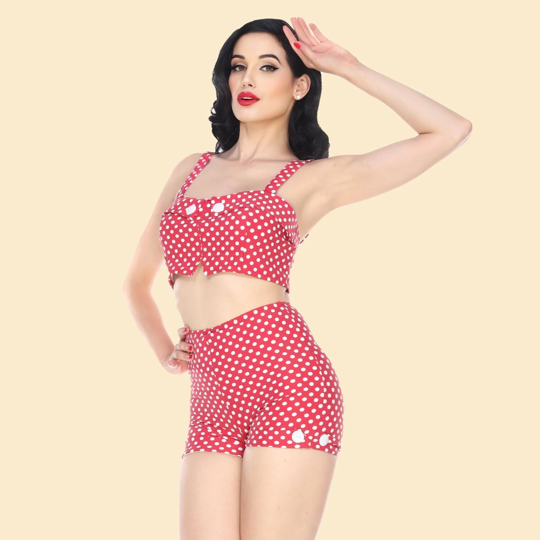 Red Polka Dot Button Crop & Short Set on