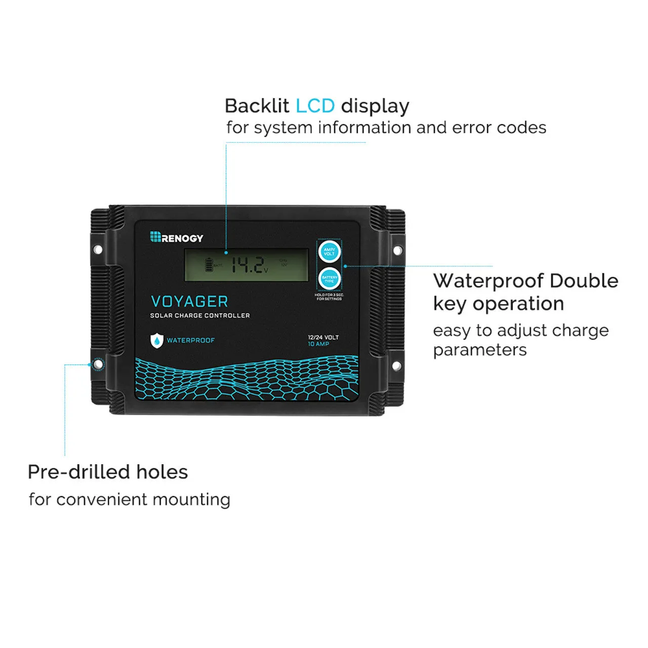 Renogy RCC10VOYP - Renogy New Edition Voyager 10A PWM Waterproof Solar Charge Controller, 10 Amp, Black