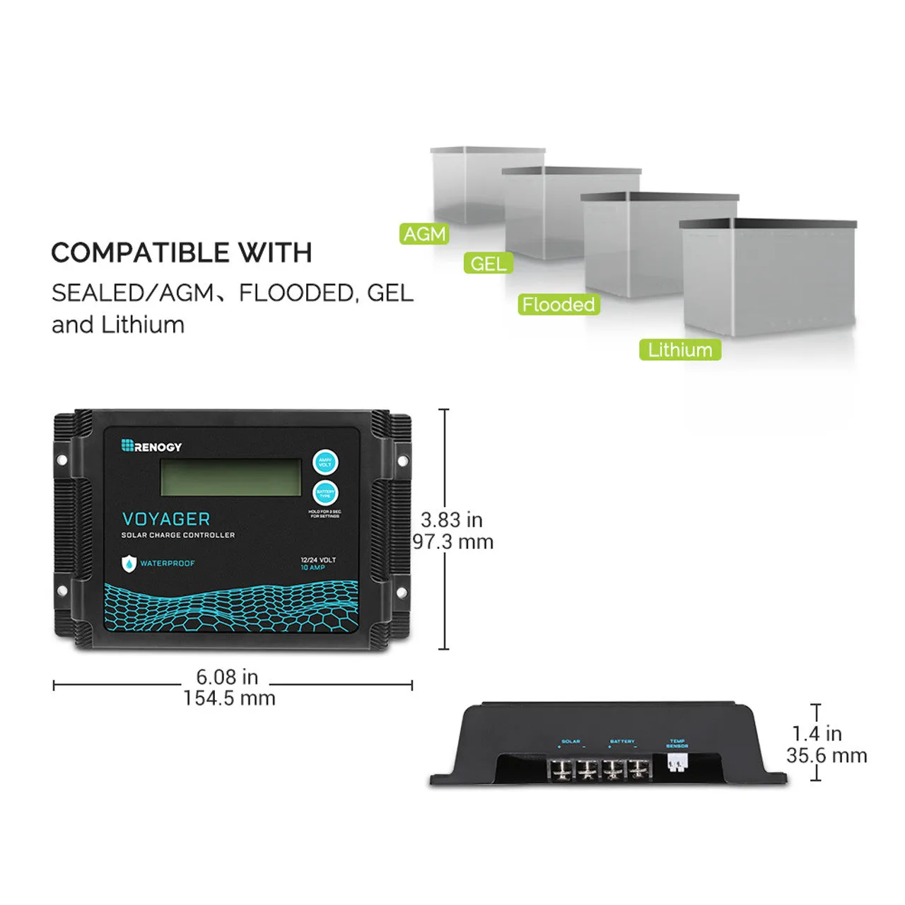 Renogy RCC10VOYP - Renogy New Edition Voyager 10A PWM Waterproof Solar Charge Controller, 10 Amp, Black