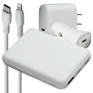 S. Simple Travel Kit with Lightning to USB-C Cable, Car & Wall Charger - White