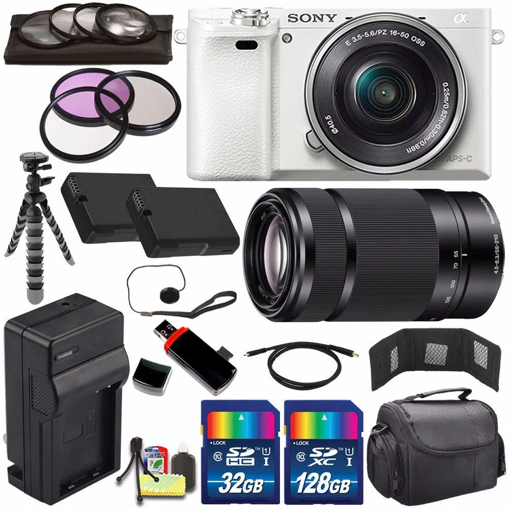 Sony Alpha a6000 Mirrorless Digital Camera with 16-50mm Lens (White)   Sony E 55-210mm f/4.5-6.3 OSS E-Mount Lens 160GB Bundle