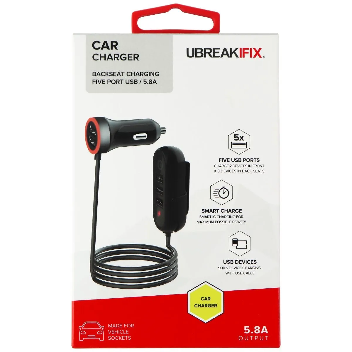 UBREAKIFIX 5 Port USB Car Charger (5.8A) - Black