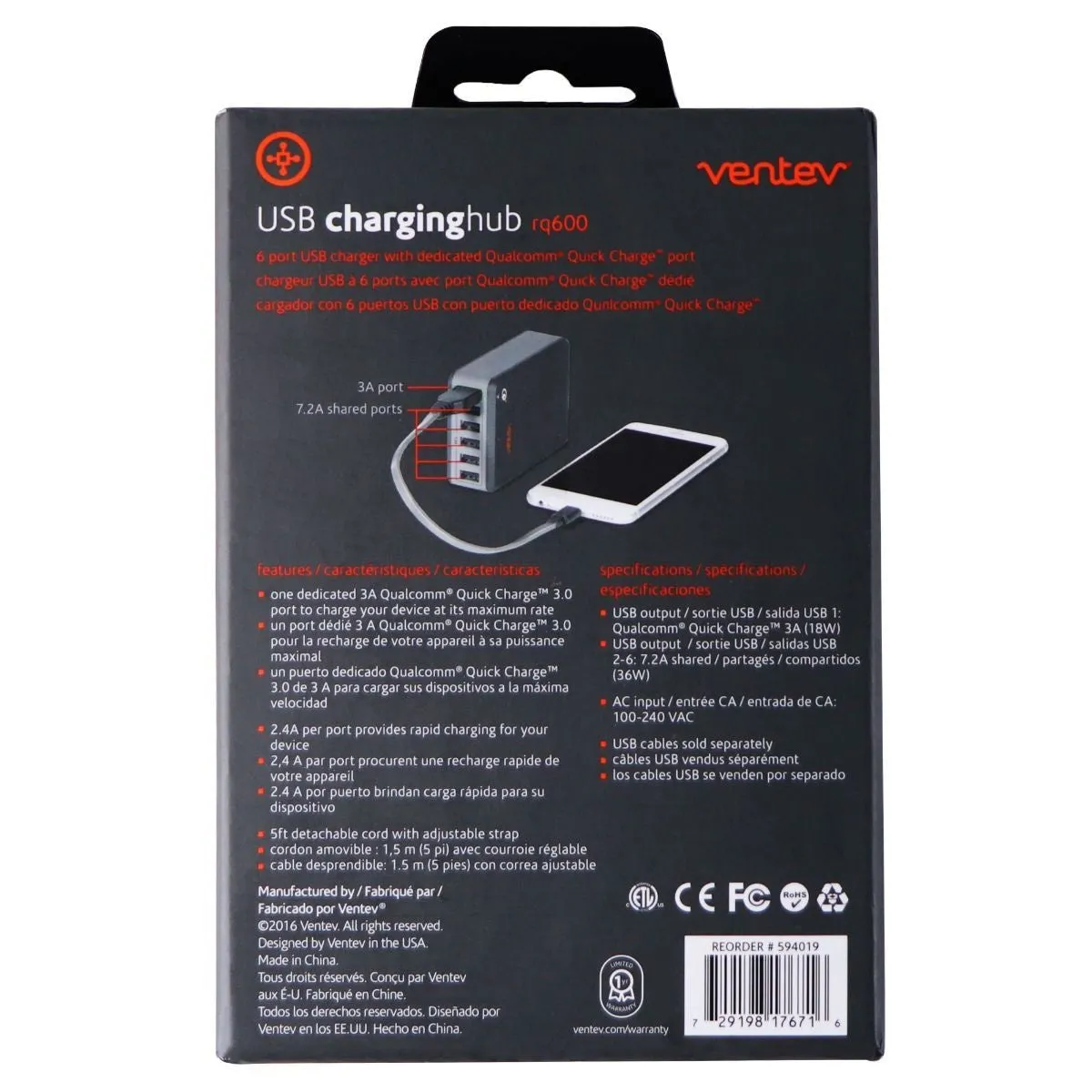 Ventev 10.2-AMP QC 3.0 (6-Port) Rapid USB Charging Hub RQ600 - Gray